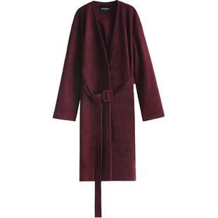 COCOBELLA安可拉红仿麂皮绒风衣女25秋冬裸领中长款外套WL3102