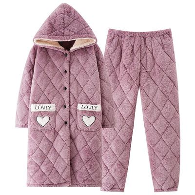 超厚睡袍女冬季加厚长款睡衣带裤珊瑚绒夹棉法兰绒家居服外套冬天