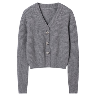 气质！钻石花瓣扣加厚V领羊绒开衫女纯羊绒毛衣短款针织开衫外套