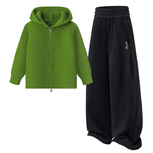 雅鹿女童春装套装2026新款针织衫外套中大童洋气阔腿裤女孩三件套