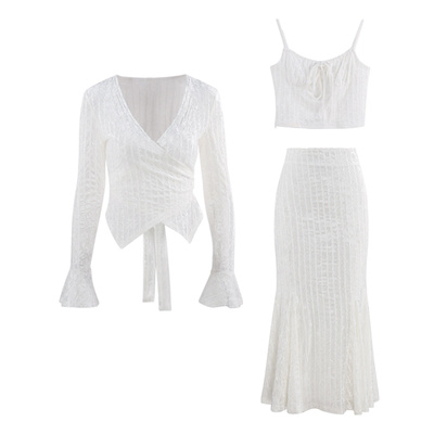 法式白色上衣吊带半身裙三件套装