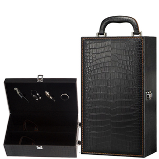 新款红酒盒双支装葡萄酒盒 2两支装皮盒鳄鱼纹包装盒手提礼盒定制