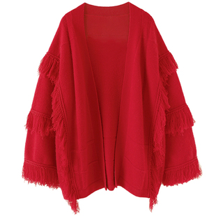 钟爱洒脱!大克重加厚流苏羊绒开衫女中长款纯羊绒毛衣外套宽松