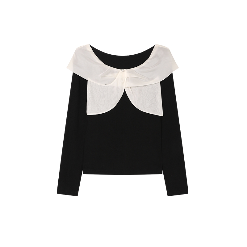 白鹿语长袖优雅拼接披肩式T恤