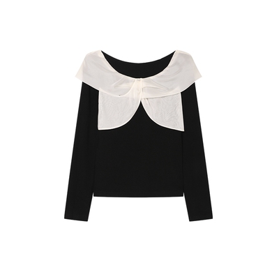 白鹿语长袖优雅拼接披肩式T恤