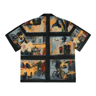 CENLES 雨天街景油画夏威夷短袖衬衫男宽松夏季印花衬衣美式复古