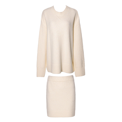 DPLAY2025秋季新款白色套装女时尚宽松含羊毛针织上衣半裙两件套