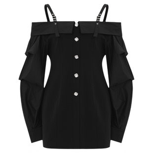 LAMERRY/朗美睿26春黑色立体收腰一字肩连衣裙性感不费力显贵穿搭