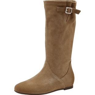 康莉复古堆堆靴长靴女2025年冬季新款内增高气质显瘦中筒靴西部靴