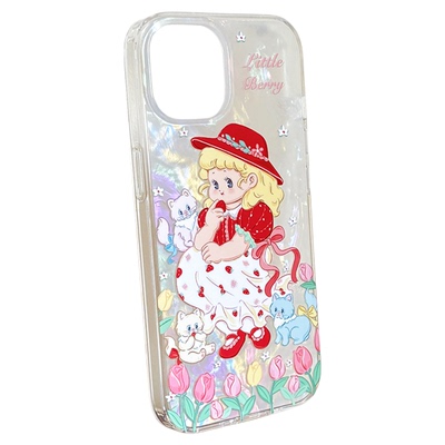 Little Berry双层手机壳闪耀贝壳底彩色不规则纹路红帽子草莓小猫咪原创插画全包镜头精孔