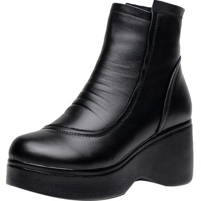 冬季女棉鞋厚底松糕跟棉靴短靴女真皮加绒女靴防水台靴子短筒靴