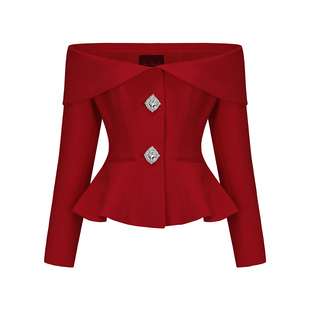 【文咏珊同款】NanaJacqueline一字肩钻扣收腰套装女红色新年春节