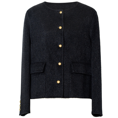 罗衣时尚双面毛呢圆领短款外套