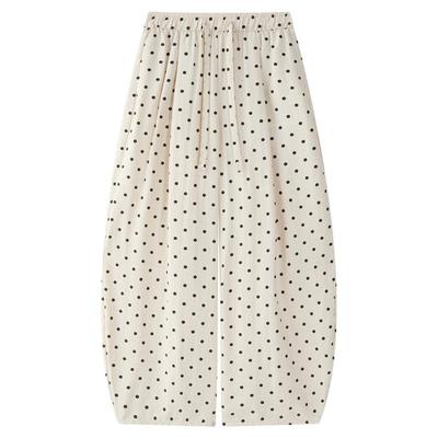 卢浮夏季新款日系复古慵懒感亚麻波点阔腿休闲裤高腰垂感长裤女