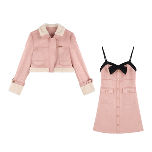 小香风粉色翻领加厚短款外套女秋冬季2023新款气质小个子夹克上衣