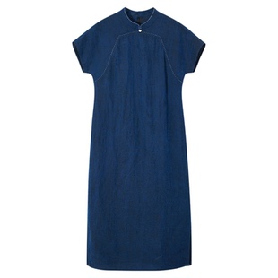 布小匠原创设计蓝龟纹香云纱桑蚕丝连肩袖旗袍女新中式国风连衣裙