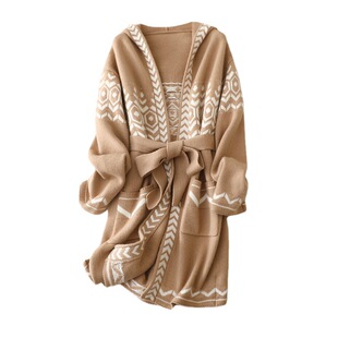 喜羊羊厚重980克纯山羊绒提花中长款小宽松连帽系带外套轻奢大衣