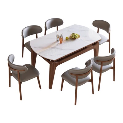 岩板餐桌椅组合现代简约家用折叠圆形伸缩实木中古风小户型吃饭桌