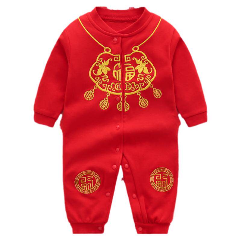 拍照一周岁生日红色连体衣满月服
