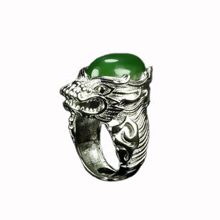 玉戒指和田玉碧玉银镶玉男龙头绿玉戒指 925银霸气大号活口玉指环