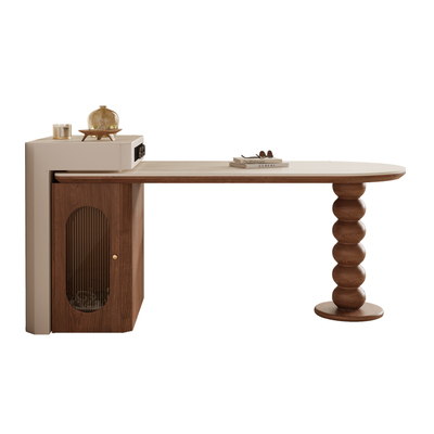 圆弧洞石岩板桌面中古风岛台餐桌