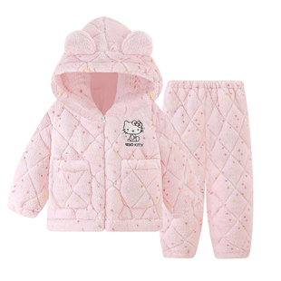 亲子母女装三层夹棉睡衣女童保暖冬季中大童凯蒂猫儿童家居服套装