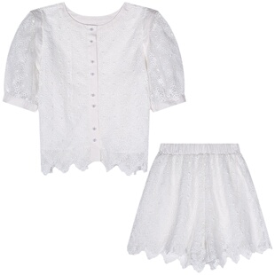 落落狷介 白色网红两件套夏装蕾丝套装裤女小个子套装上衣+短裤