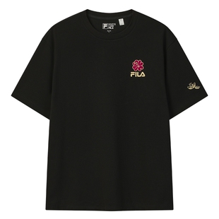 马上起飞FILA斐乐情侣针织短袖T恤2026春新款新年红色海棠花男女