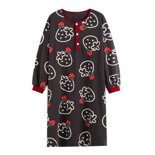 可爱草莓睡裙女春秋纯棉长袖宽松大码孕妇长款睡衣胖mm全棉家居服