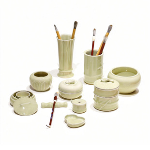 朵云轩笔洗水滴笔搁笔筒 弟米黄青瓷水洗 毛笔书法国画文房四宝用品笔搁 创意桌面摆件 自用收藏馈赠