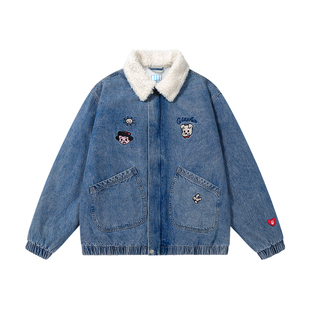 GUUKA&原田治联名小狗刺绣摇粒绒翻领牛仔夹克情侣日系秋冬外套男