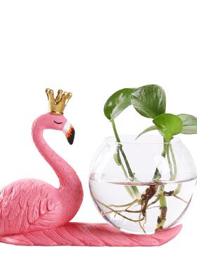 绿萝器皿花盆水养火烈鸟小摆件