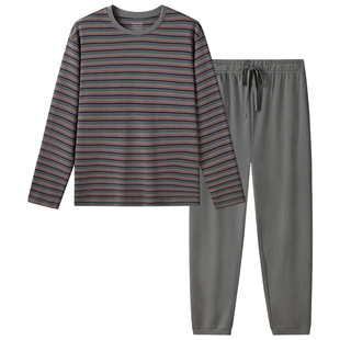 SCHIESSER舒雅男士纯棉条纹圆领亲肤透气宽松大码睡衣家居服套装