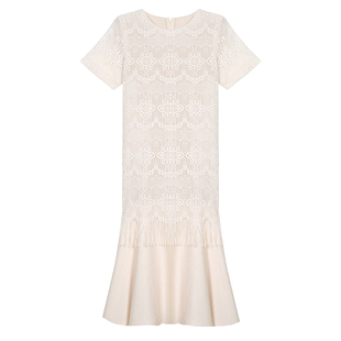 柒院家大码女装暗花流苏拼接短袖连衣裙2026夏季款宽松鱼尾中长裙