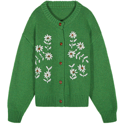 今屿花花开衫绿色毛衣女