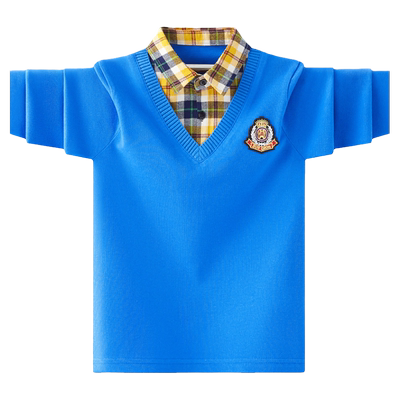 男童打底衫2025新款春秋款大童长袖t恤纯棉儿童假两件针织Polo衫