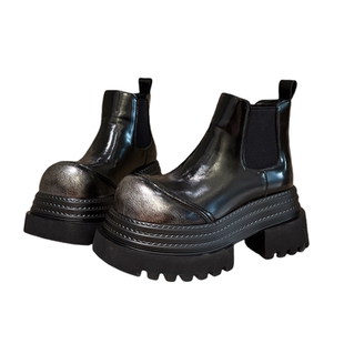 欧洲站真皮大头厚底松糕三层底短靴烟筒靴马丁靴机车靴小个子女鞋