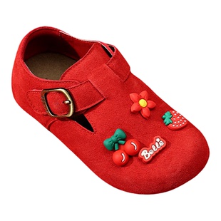 百丽童鞋儿童毛毛勃肯鞋女童春季新款宝宝卡通红色新年保暖皮鞋