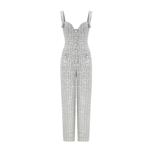 【单依纯同款】sleepoversleep珍珠钻扣缀饰粗花呢背带阔腿连体裤