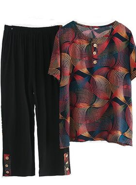 人造棉短袖棉绸家居服套装妈妈装