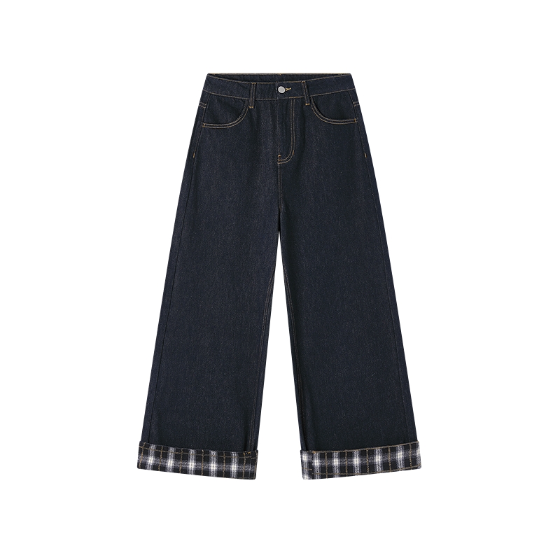 飞鸟和新酒廓形高腰牛仔裤女显瘦2025冬季新款翻边休闲直筒裤