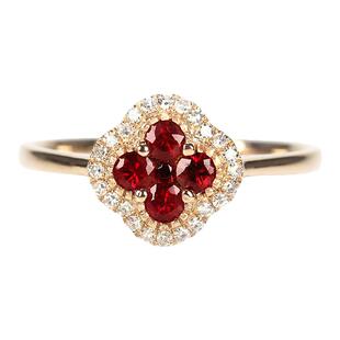 18k玫瑰金天然鸽血红宝石幸运四叶草戒指 深红色伴钻石指环套装