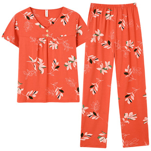 睡衣女半袖夏季莫代尔大码宽松女款V领短袖长裤中年妈妈家居服薄