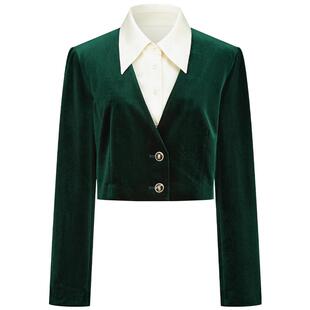 曼德诗polo领短外套2026春季新品复古弹力丝绒法式小衫气质上衣女