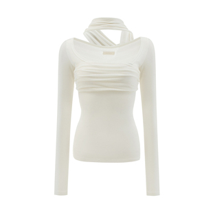 4muggle温柔纸片人”一体式挂脖围巾针织打底辣妹长袖T恤纯欲上衣