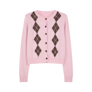 BLUEerror 马海毛撞色菱格图案羊毛针织开衫女圆领灰色慵懒毛衣秋