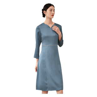 佐尔美秋季新款 雾霾蓝色礼服裙V领精致亮钻连衣裙女E23LL14