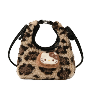 羊羔毛豹纹猫咪斜跨手拎迷你零钱配饰小包可爱宝宝出游单肩包小童