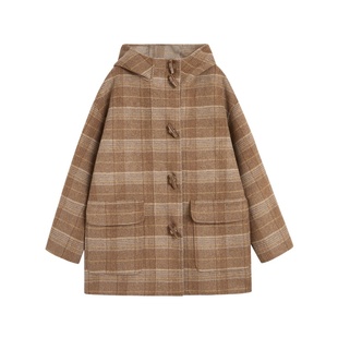 紫涵100%羊毛呢短款大衣女2025冬季新款复古气质双面毛呢连帽外套