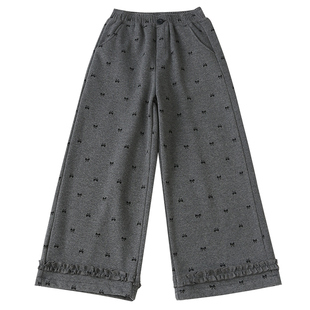 ABC女童加绒运动裤2025新款蝴蝶结脚口印花阔腿裤中大童秋冬卫裤